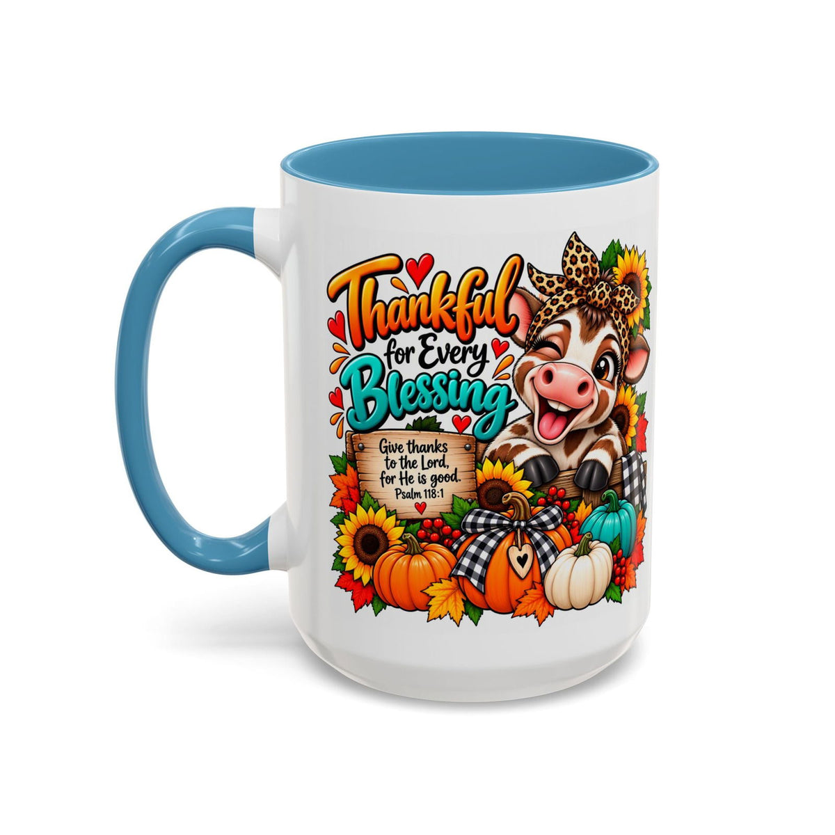 Thankful for Every Blessing Thanksgiving Cow Coffee Mug - Claimed by God Designs