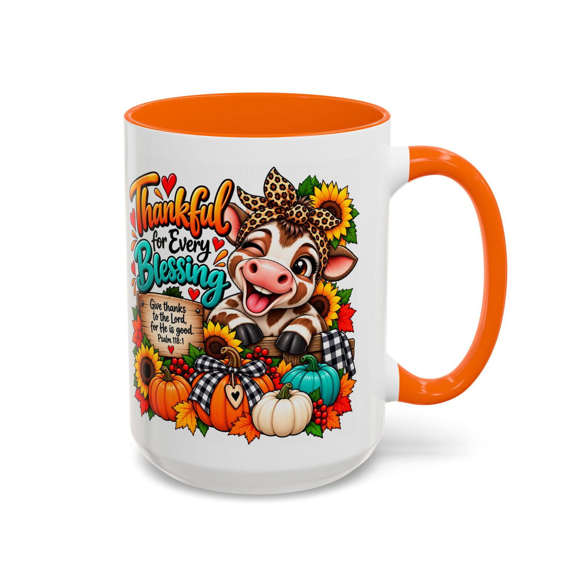 Thankful for Every Blessing Thanksgiving Cow Coffee Mug - Claimed by God Designs