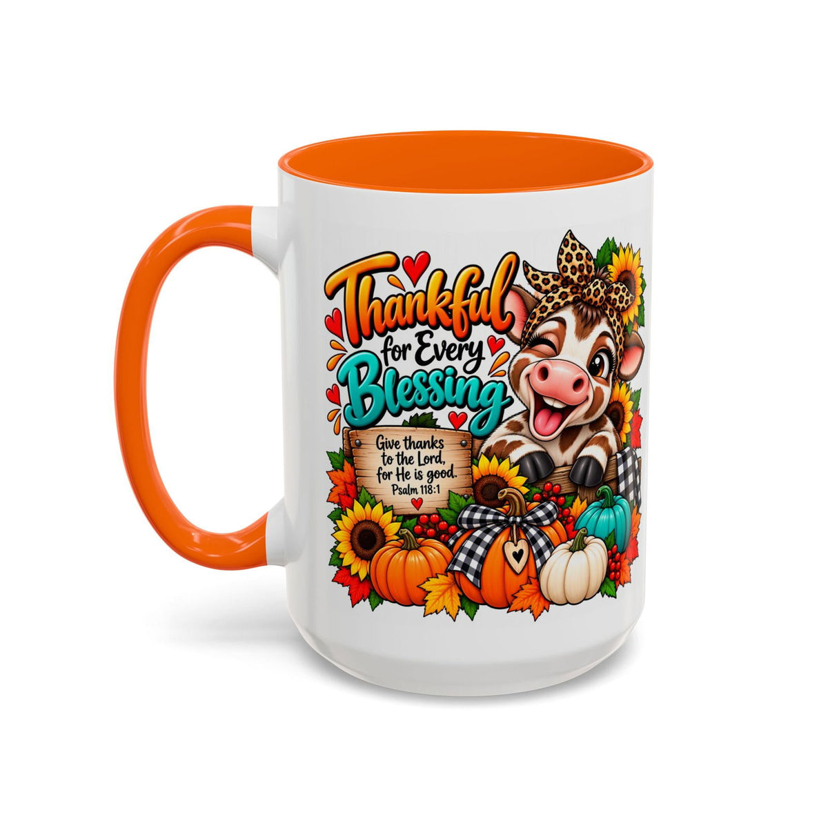 Thankful for Every Blessing Thanksgiving Cow Coffee Mug - Claimed by God Designs