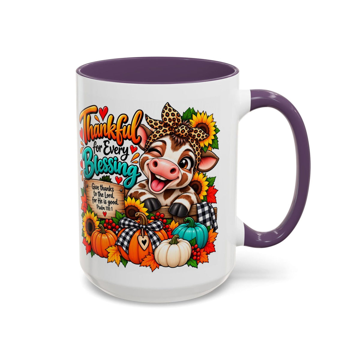 Thankful for Every Blessing Thanksgiving Cow Coffee Mug - Claimed by God Designs