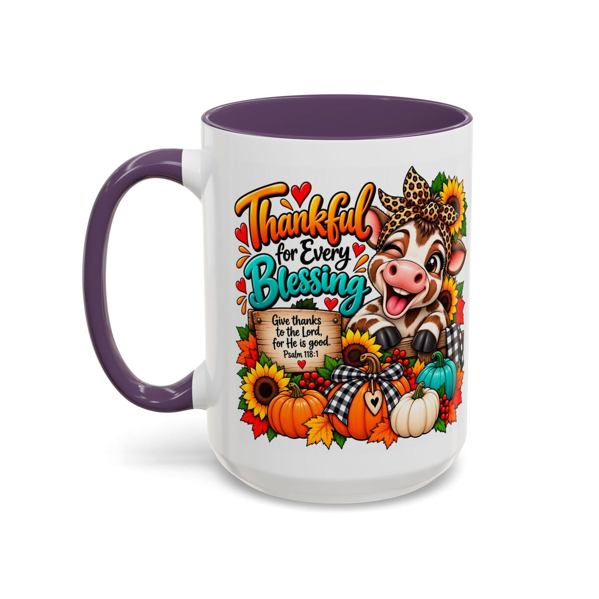 Thankful for Every Blessing Thanksgiving Cow Coffee Mug - Claimed by God Designs
