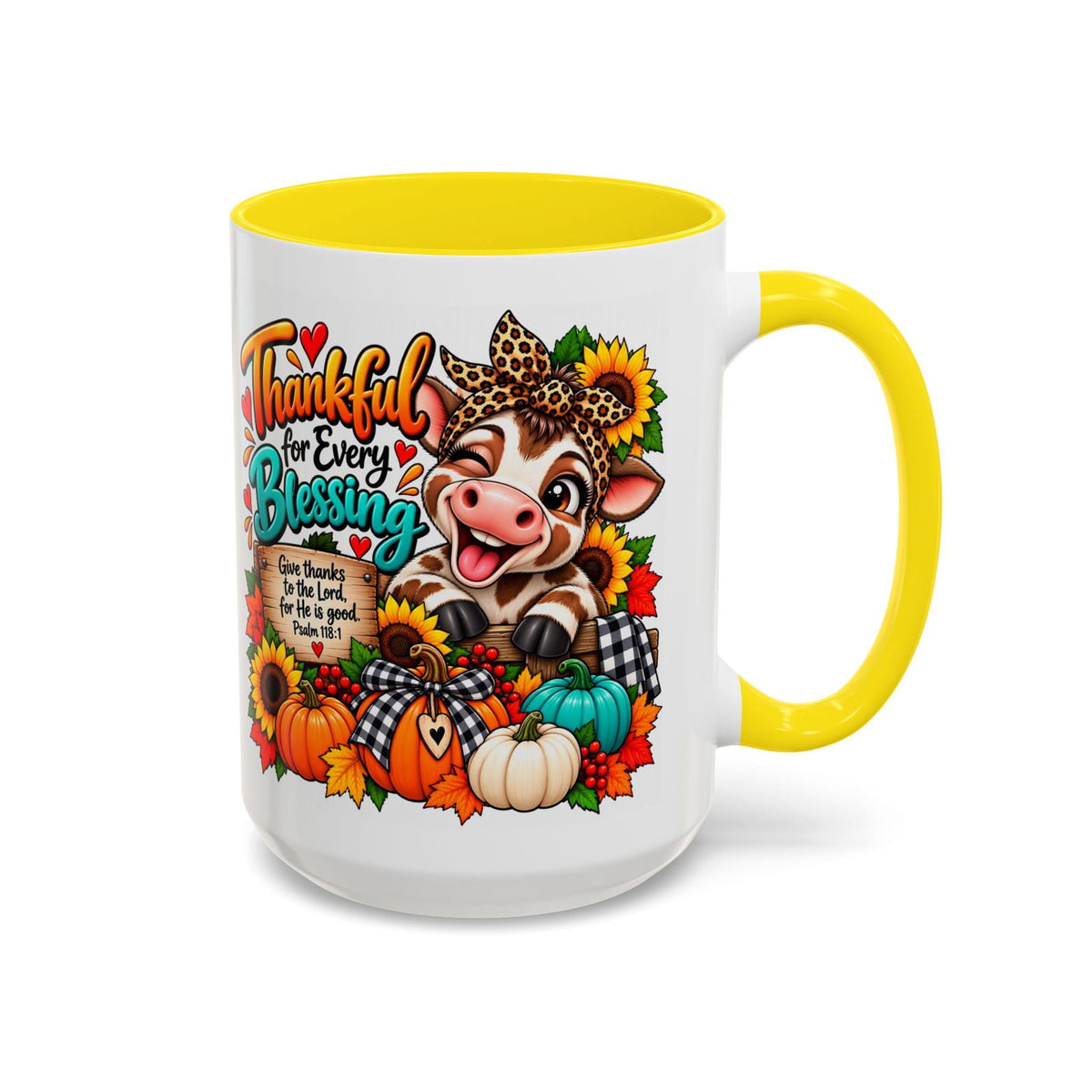 Thankful for Every Blessing Thanksgiving Cow Coffee Mug - Claimed by God Designs