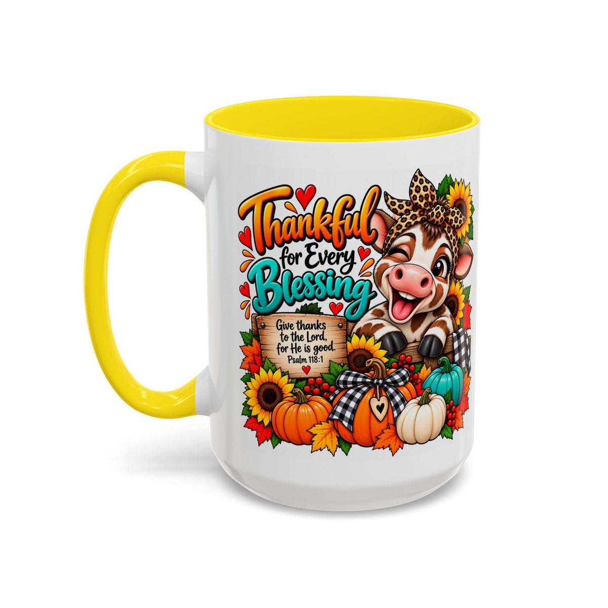 Thankful for Every Blessing Thanksgiving Cow Coffee Mug - Claimed by God Designs