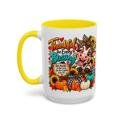 Thankful for Every Blessing Thanksgiving Cow Coffee Mug - Claimed by God Designs