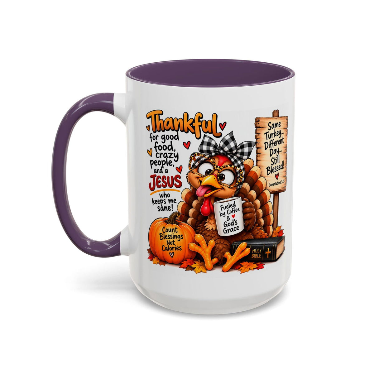 Thankful for Good Food, Crazy People, and a Jesus Who Keeps Me Sane Thanksgiving Mug - Claimed by God Designs