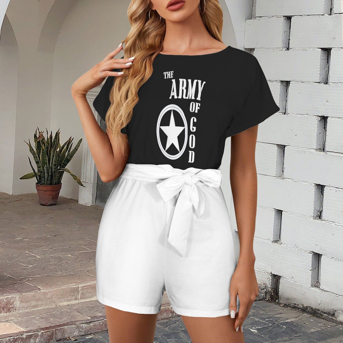 The Army Of God Christian Women's Belt Keyhole Back Short Sleeve Romper - ClaimedbyGodDesigns