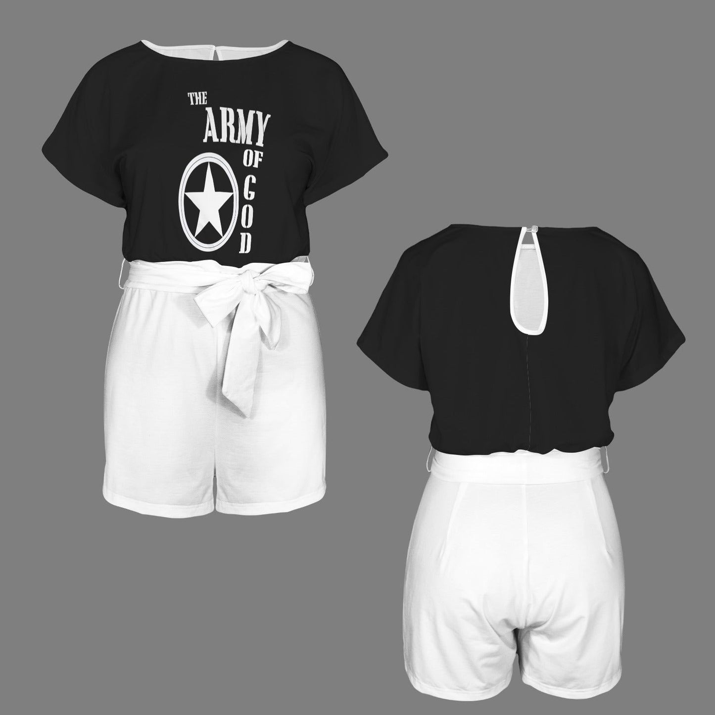 The Army Of God Christian Women's Belt Keyhole Back Short Sleeve Romper - ClaimedbyGodDesigns