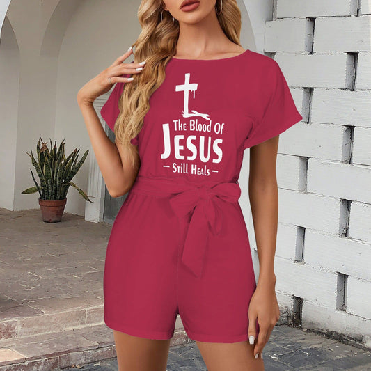 The Blood Of Jesus Still Heals Christian Women's Belt Keyhole Back Short Sleeve Romper - ClaimedbyGodDesigns
