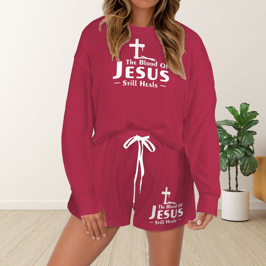 The Blood Of Jesus Still Heals Christian Women's Long Sleeve&Tether Shorts Pocket Pajama Set - ClaimedbyGodDesigns