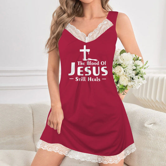 The Blood Of Jesus Still Heals Christian Women's V-Neck Lace Nightdress - ClaimedbyGodDesigns