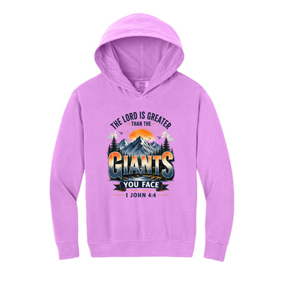 The Lord Is Greater Than The Giants You Face Youth Christian Pullover Hooded Sweatshirt - ClaimedbyGodDesigns