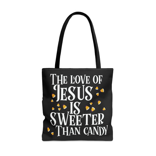 The Love Of Jesus Is Sweeter Than Candy Halloween Christian Tote Bag - ClaimedbyGodDesigns