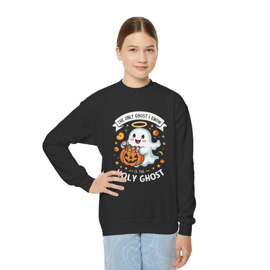 The Only Ghost I Know Is The Holy Ghost Halloween Themed Youth Christian Pullover Sweatshirt - ClaimedbyGodDesigns