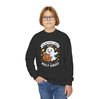The Only Ghost I Know Is The Holy Ghost Halloween Themed Youth Christian Pullover Sweatshirt - ClaimedbyGodDesigns
