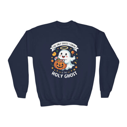 The Only Ghost I Know Is The Holy Ghost Halloween Themed Youth Christian Pullover Sweatshirt - ClaimedbyGodDesigns