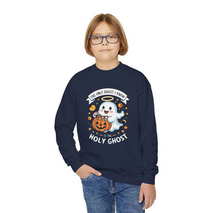 The Only Ghost I Know Is The Holy Ghost Halloween Themed Youth Christian Pullover Sweatshirt - ClaimedbyGodDesigns