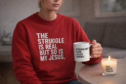 The Struggle Is Real But So Is My Jesus – Christian Starter Gift Set | Sweatshirt, Mug, Candle, Tea & Matches | Faith, Humor & Encouragement Gift Box - ClaimedbyGodDesigns
