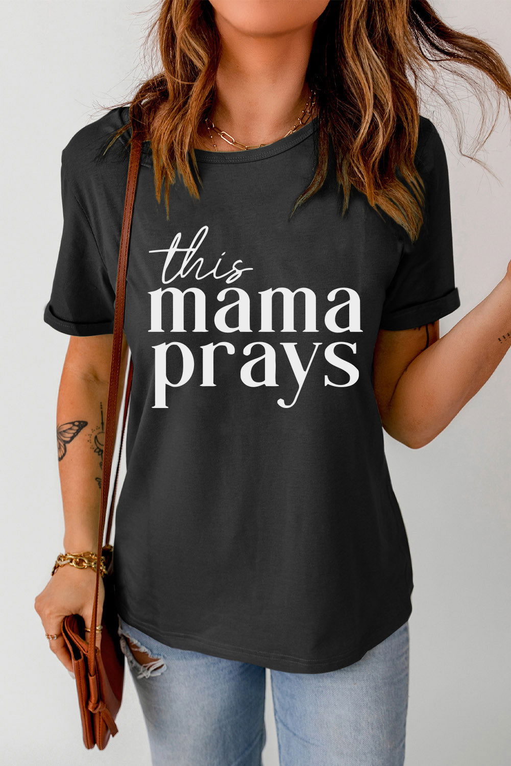 This Mama Prays Black Casual Short Sleeve Crew Neck Women's T Shirt - ClaimedbyGodDesigns