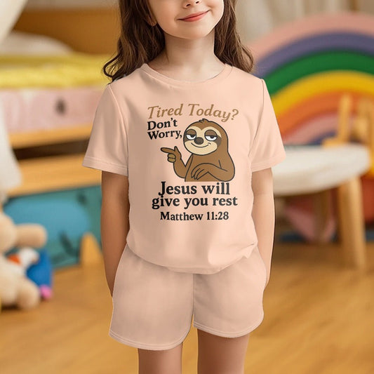 Tired Today He Will Give You Rest Youth Christian short-sleeved pajama set - ClaimedbyGodDesigns