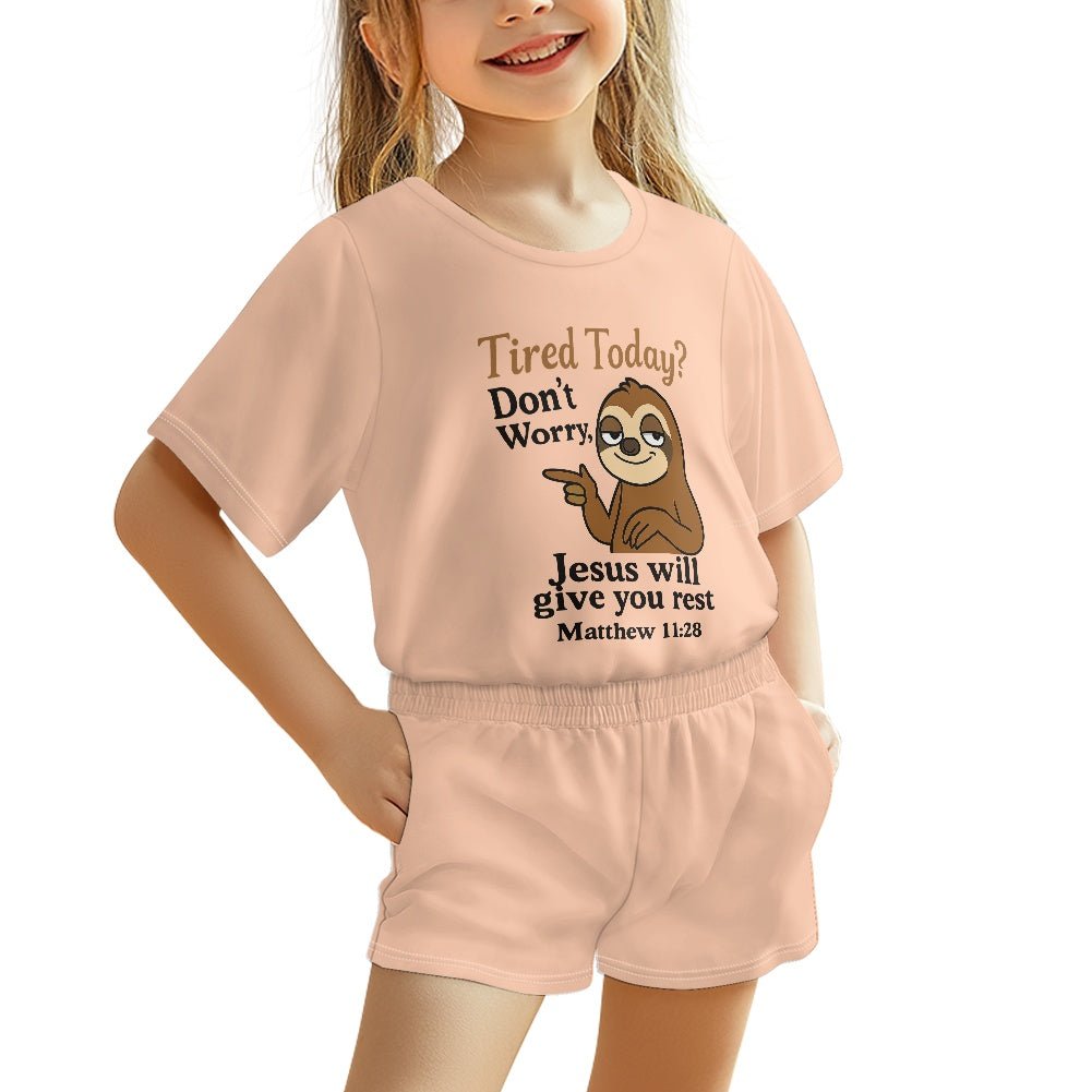 Tired Today He Will Give You Rest Youth Christian short-sleeved pajama set - ClaimedbyGodDesigns