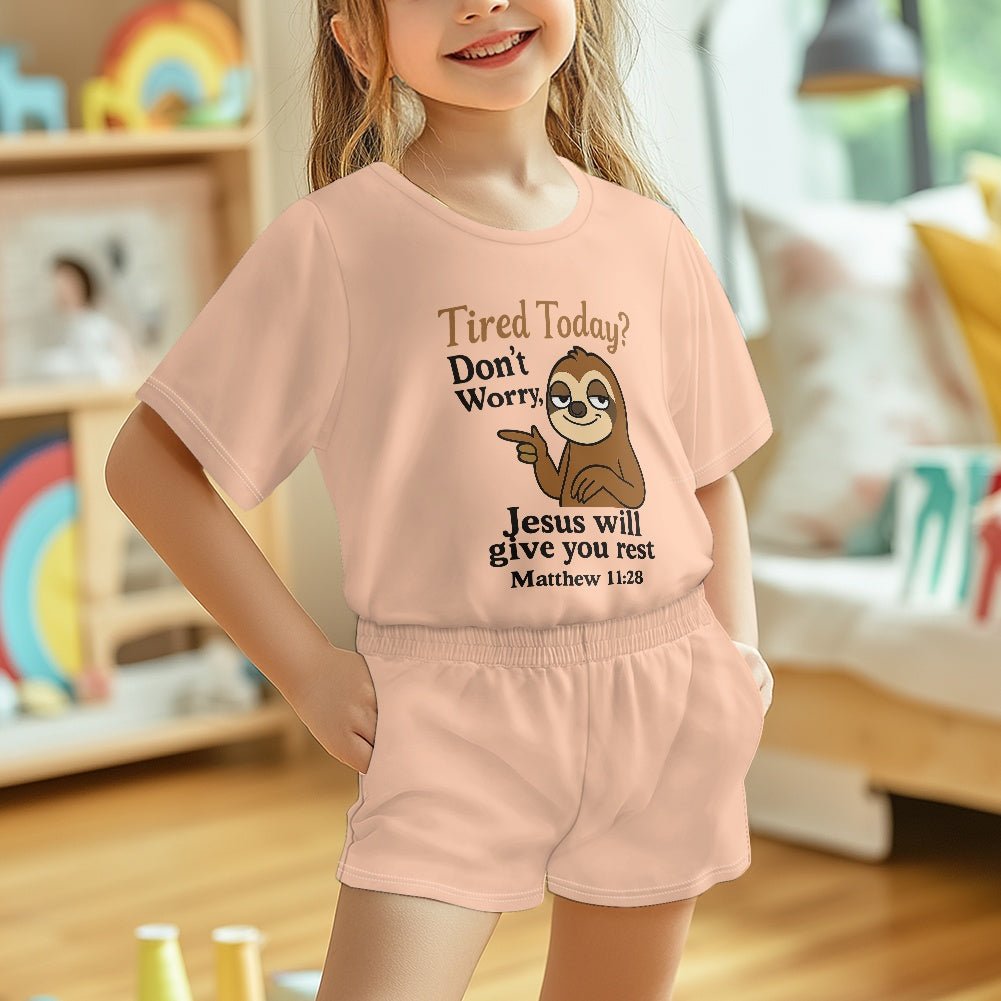 Tired Today He Will Give You Rest Youth Christian short-sleeved pajama set - ClaimedbyGodDesigns