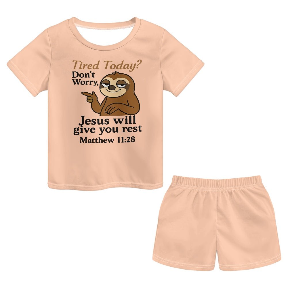 Tired Today He Will Give You Rest Youth Christian short-sleeved pajama set - ClaimedbyGodDesigns