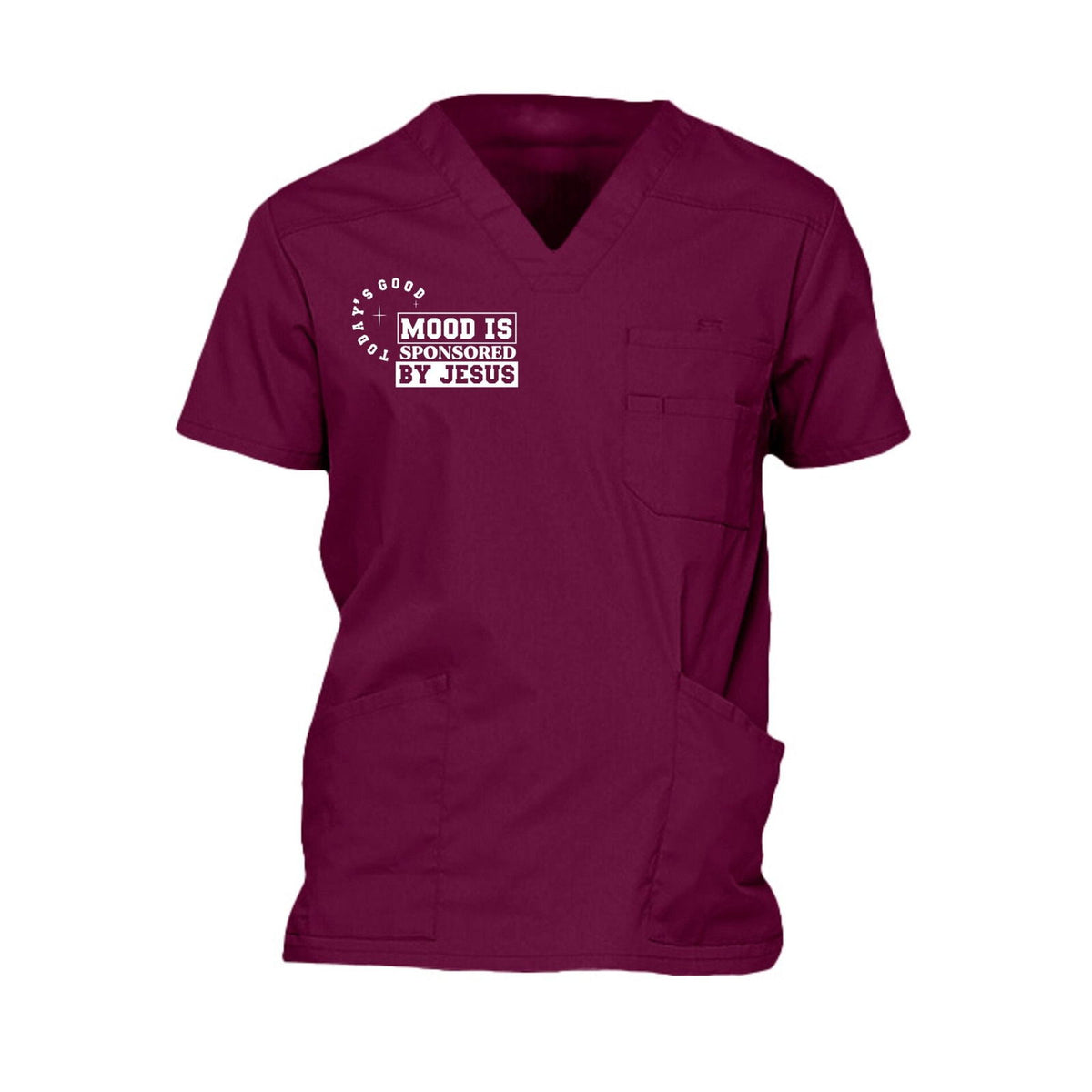 Men's Christian 5-pocket V-neck medical scrub top with 'Today's Good Mood Is Sponsored By Jesus' design