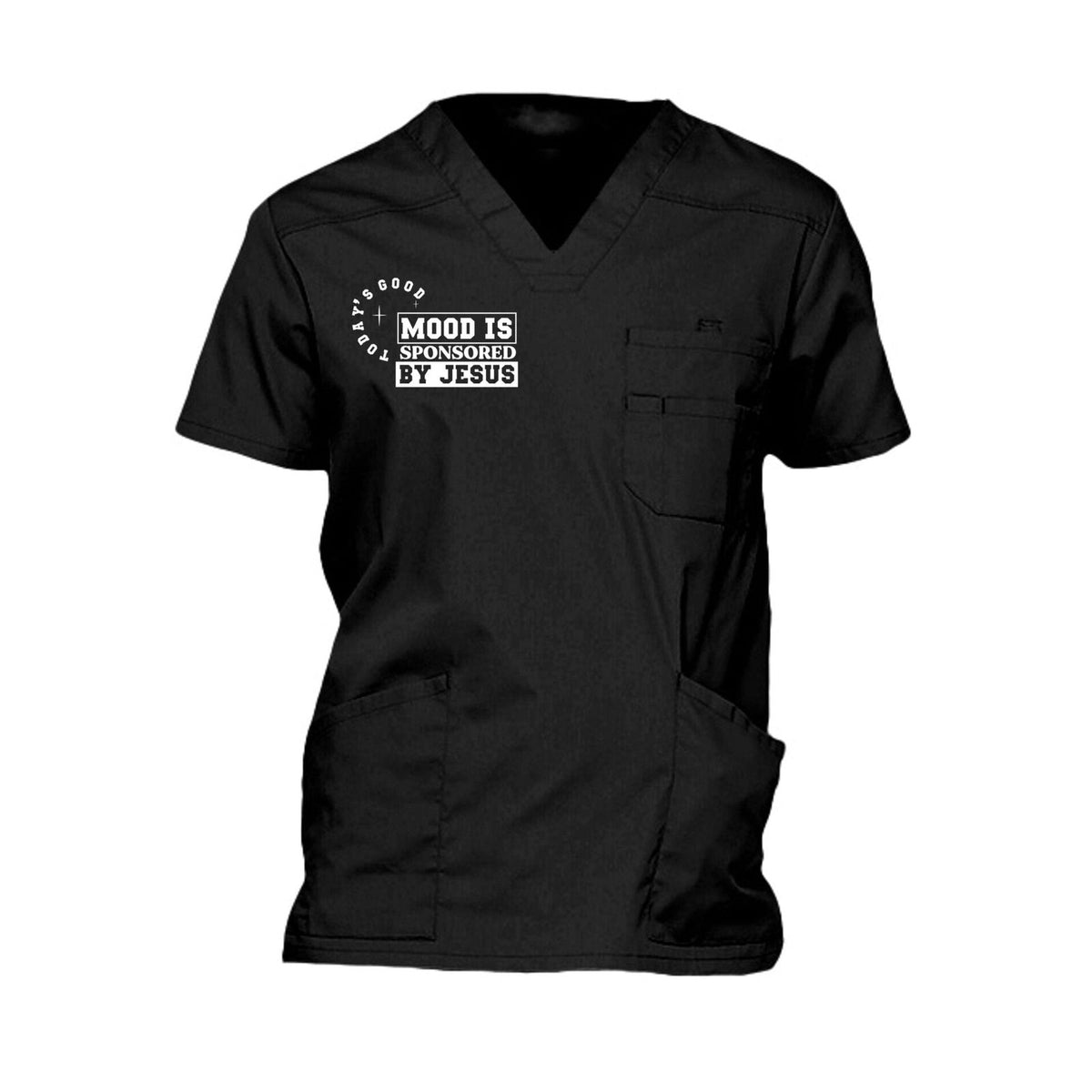 Today's Good Mood Is Sponsored By Jesus Men's Christian 5-Pocket V-Neck Premium Medical Scrub Top - ClaimedbyGodDesigns