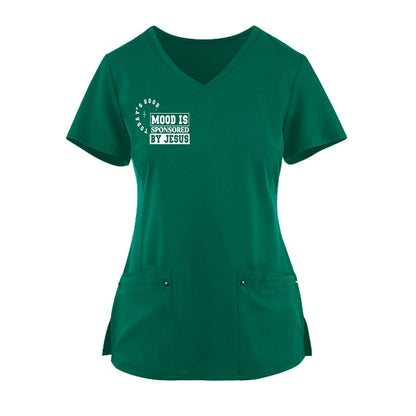 Todays Good Mood Is Sponsored By Jesus Premium Women's Christian 2-Pocket Juliet Stylish V-Neck Medical Scrub Top - ClaimedbyGodDesigns