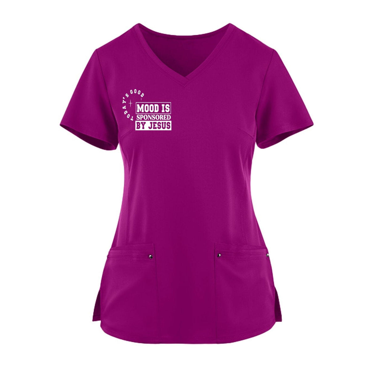 Todays Good Mood Is Sponsored By Jesus Premium Women's Christian 2-Pocket Juliet Stylish V-Neck Medical Scrub Top - ClaimedbyGodDesigns
