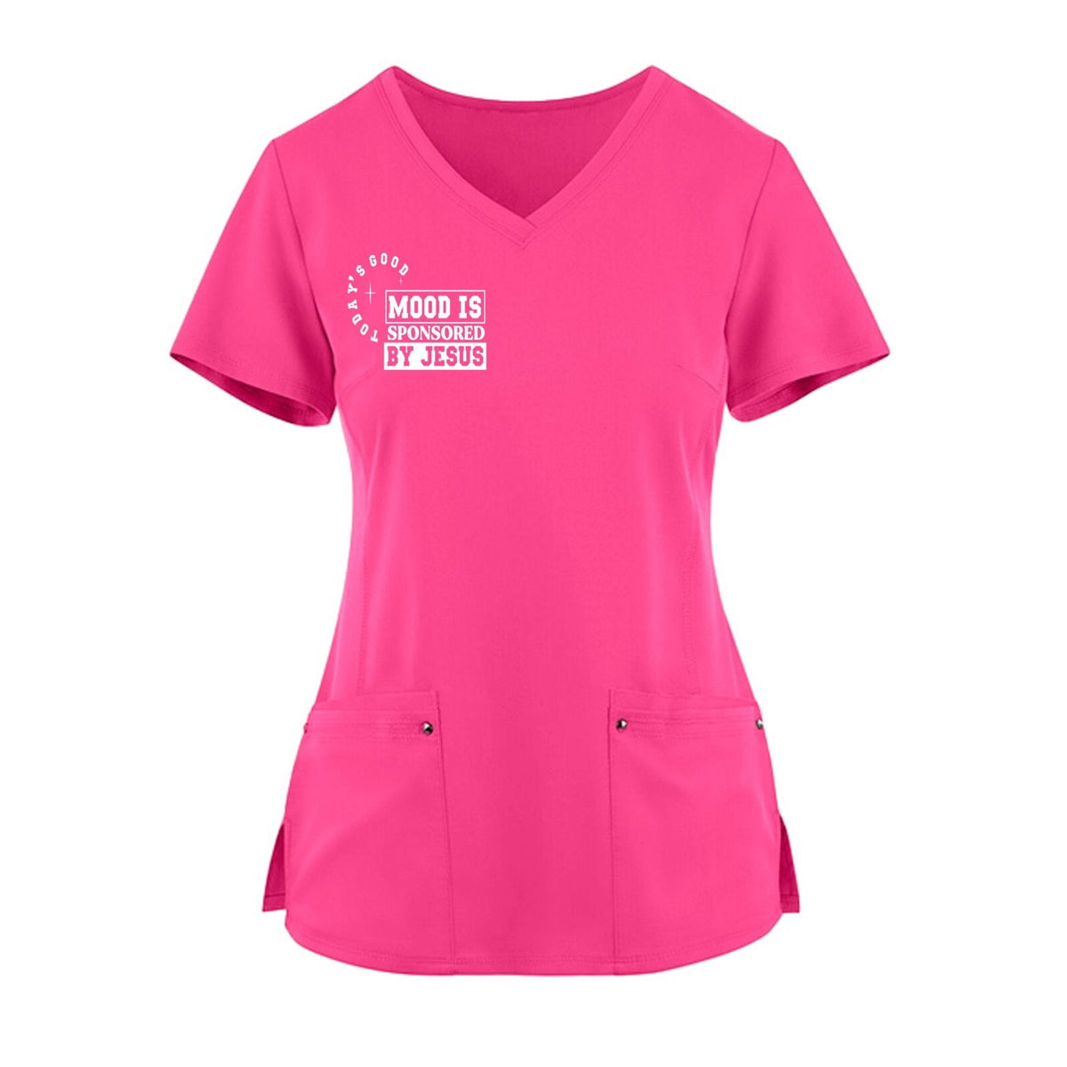 Todays Good Mood Is Sponsored By Jesus Premium Women's Christian 2-Pocket Juliet Stylish V-Neck Medical Scrub Top - ClaimedbyGodDesigns