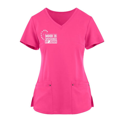 Todays Good Mood Is Sponsored By Jesus Premium Women's Christian 2-Pocket Juliet Stylish V-Neck Medical Scrub Top - ClaimedbyGodDesigns