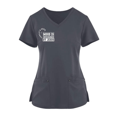 Todays Good Mood Is Sponsored By Jesus Premium Women's Christian 2-Pocket Juliet Stylish V-Neck Medical Scrub Top - ClaimedbyGodDesigns