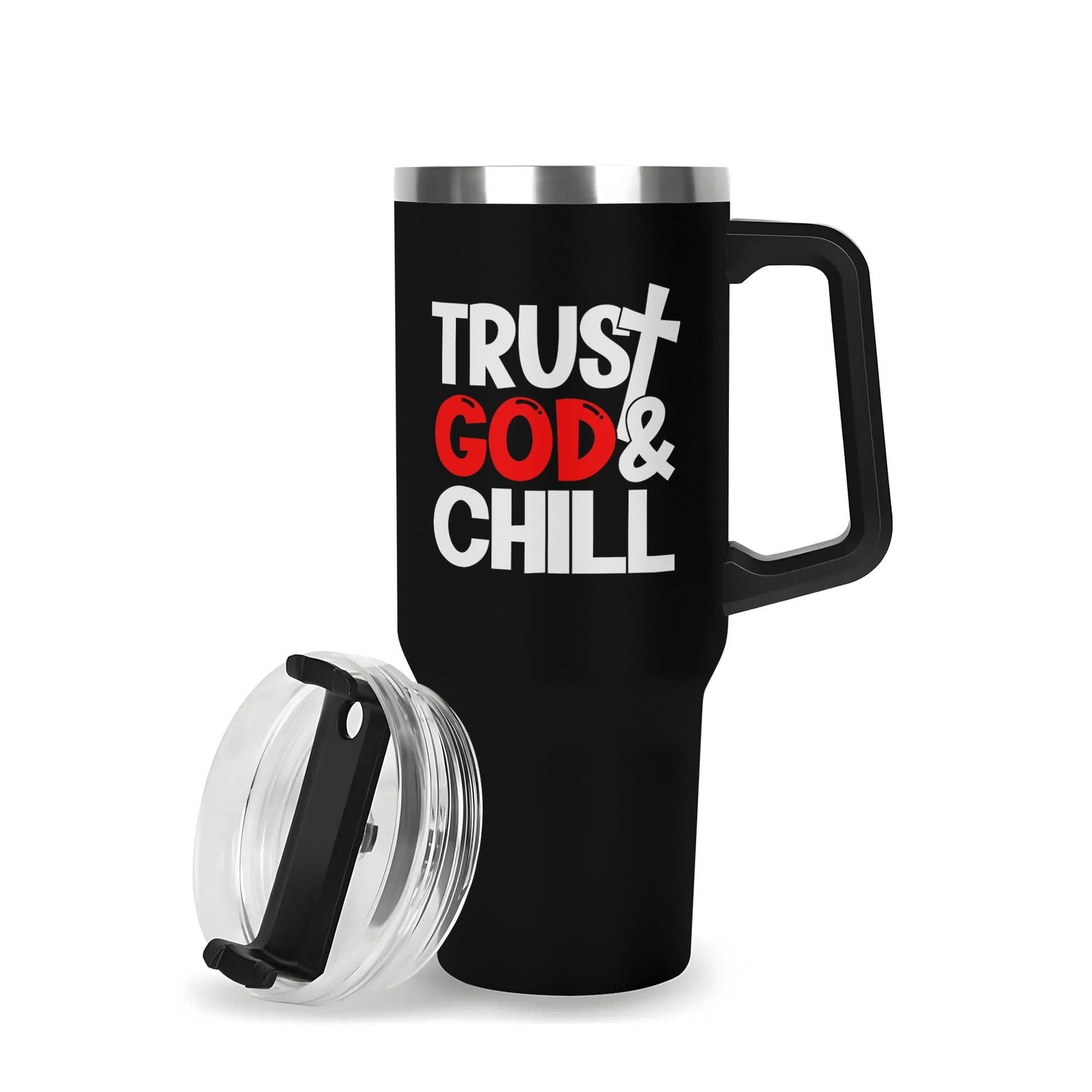 Trust God And Chill 40oz Stainless Steel Christian Tumbler Gift With Black Handle and Straw - ClaimedbyGodDesigns