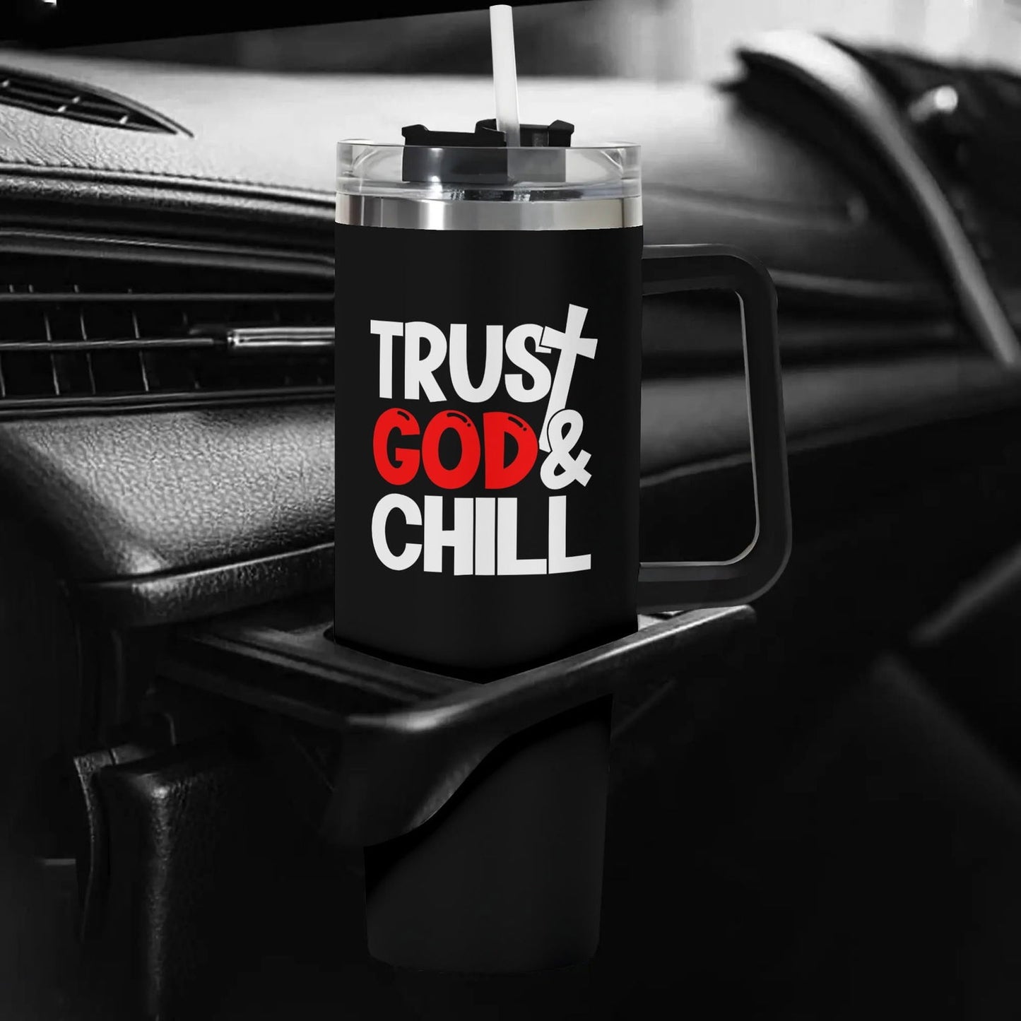 Trust God And Chill 40oz Stainless Steel Christian Tumbler Gift With Black Handle and Straw - ClaimedbyGodDesigns