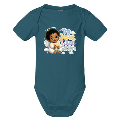 Try Jesus I Just Got Here Christian Baby Jumpsuit - ClaimedbyGodDesigns
