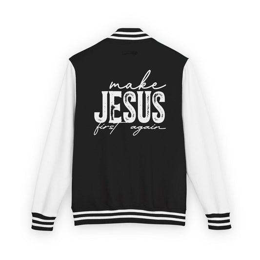 Unisex Heavyweight Christian Letterman Jacket - Make Him First Again - ClaimedbyGodDesigns