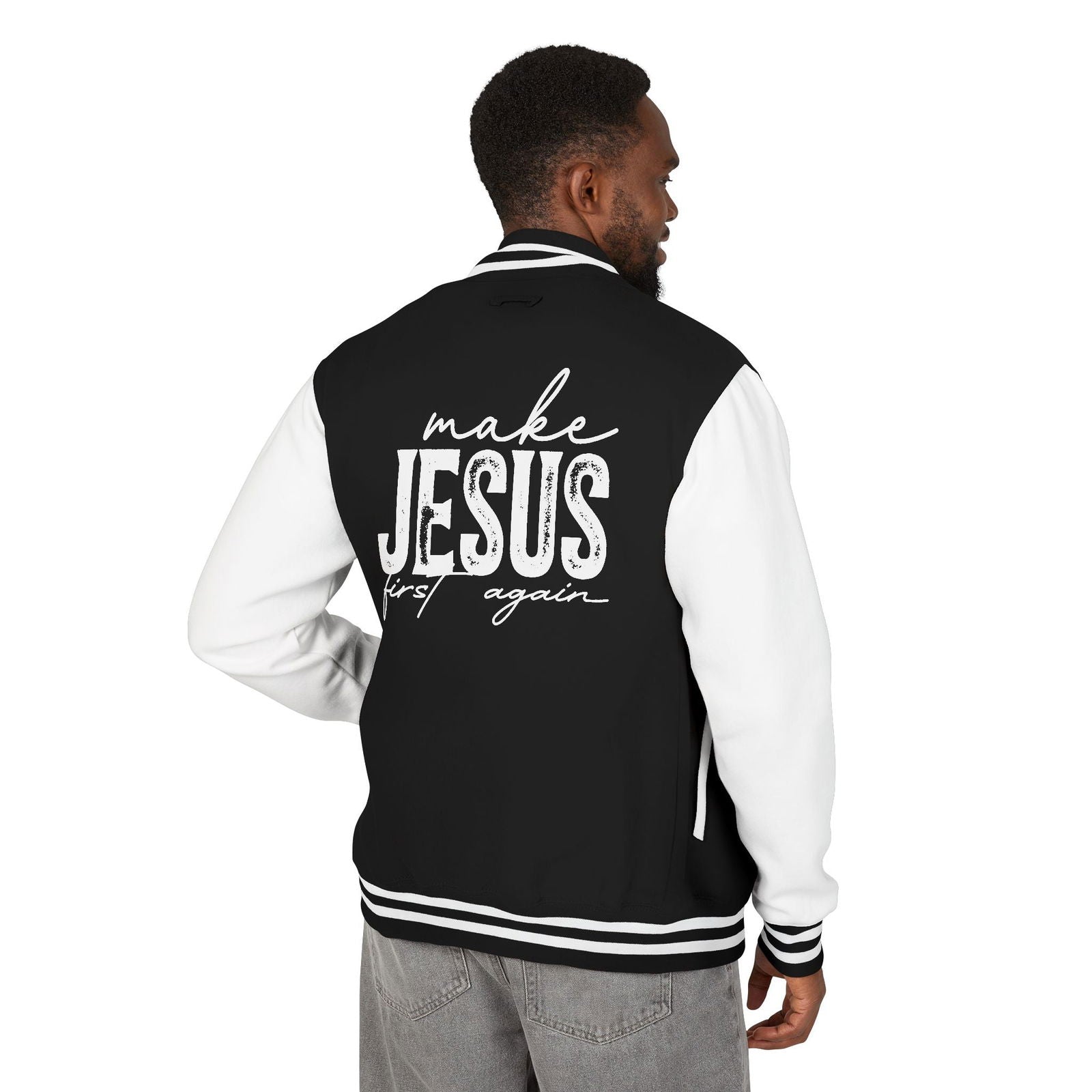 Unisex Heavyweight Christian Letterman Jacket - Make Him First Again - ClaimedbyGodDesigns