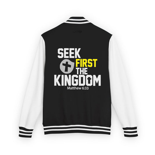 Unisex Heavyweight Christian Letterman Jacket - Seek First Kingdom - ClaimedbyGodDesigns