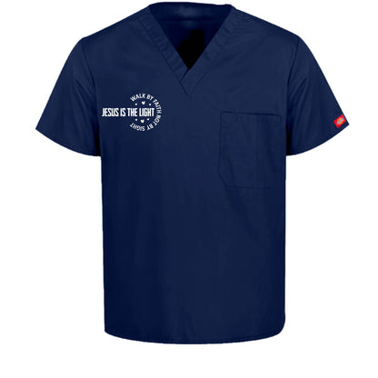 Walk By Faith Unisex 1-Pocket Tuckable V-Neck Medical Scrub Top - ClaimedbyGodDesigns