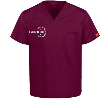 Walk By Faith Unisex 1-Pocket Tuckable V-Neck Medical Scrub Top - ClaimedbyGodDesigns