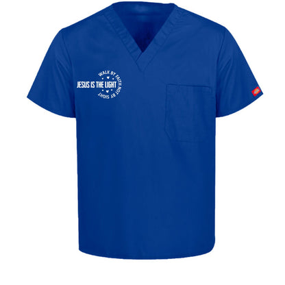 Walk By Faith Unisex 1-Pocket Tuckable V-Neck Medical Scrub Top - ClaimedbyGodDesigns