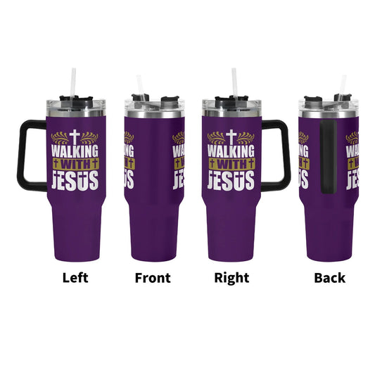 Walking With Jesus 40oz Stainless Steel Christian Tumbler Gift With Black Handle and Straw - ClaimedbyGodDesigns
