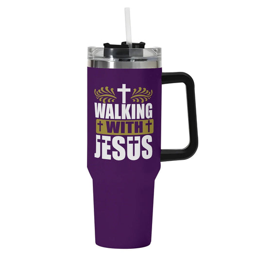 Walking With Jesus 40oz Stainless Steel Christian Tumbler Gift With Black Handle and Straw - ClaimedbyGodDesigns