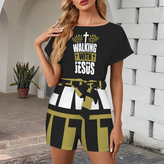 Walking With Jesus Christian Women's Belt Keyhole Back Short Sleeve Romper - ClaimedbyGodDesigns