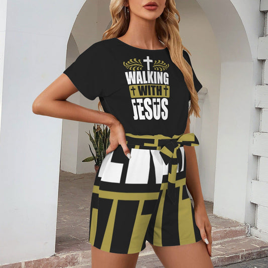 Walking With Jesus Christian Women's Belt Keyhole Back Short Sleeve Romper - ClaimedbyGodDesigns