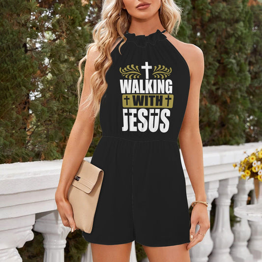 Walking With Jesus Halterneck High Waist Pocket Shorts Christian Romper - ClaimedbyGodDesigns