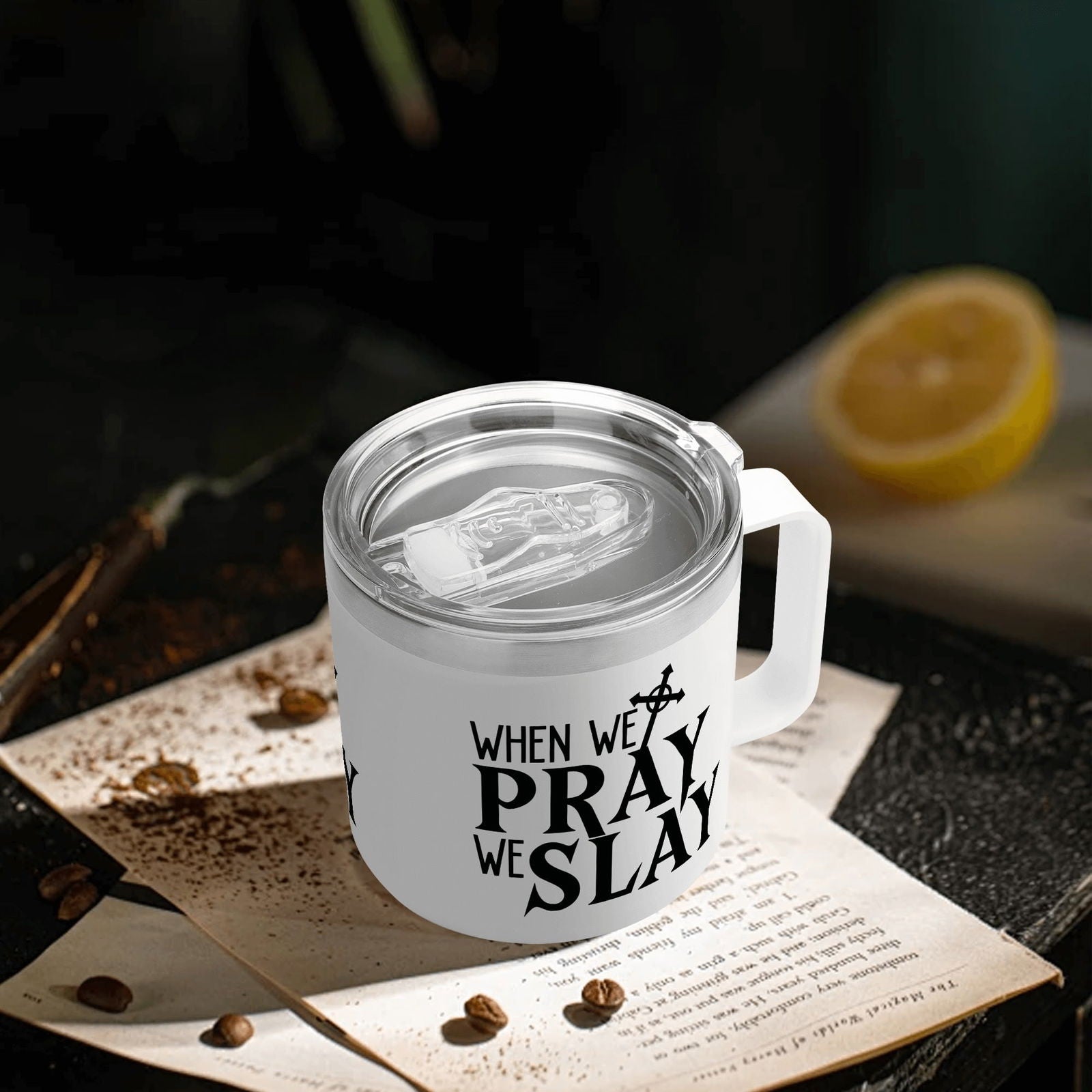 When We Pray We Slay Christian 14oz Stainless Steel Coffee Mug Coffee Cup with Lid and Handle - ClaimedbyGodDesigns