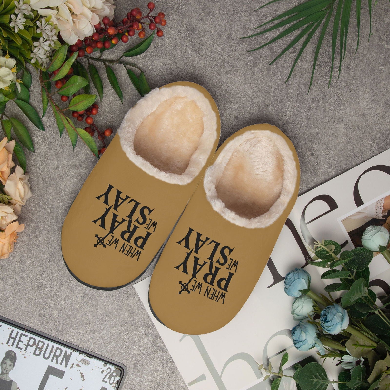 When We Pray We Slay Christian Fluffy Bedroom Slippers - ClaimedbyGodDesigns