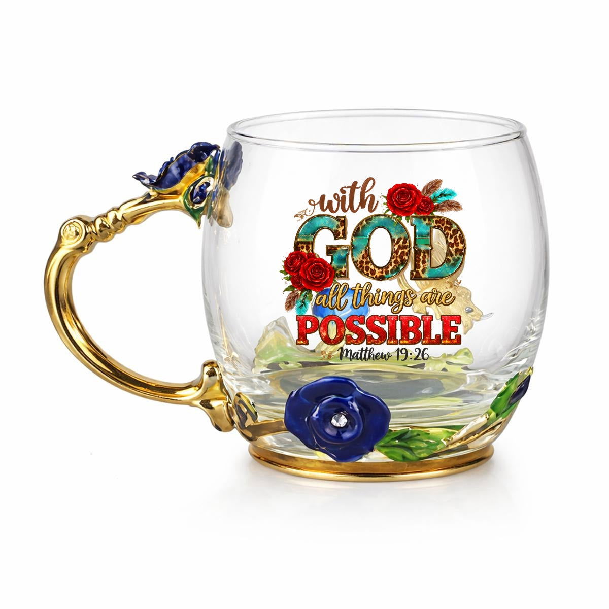 With God All Things Are Possible 12oz Enamel Floral Glass Christian Mug With Spoon - ClaimedbyGodDesigns